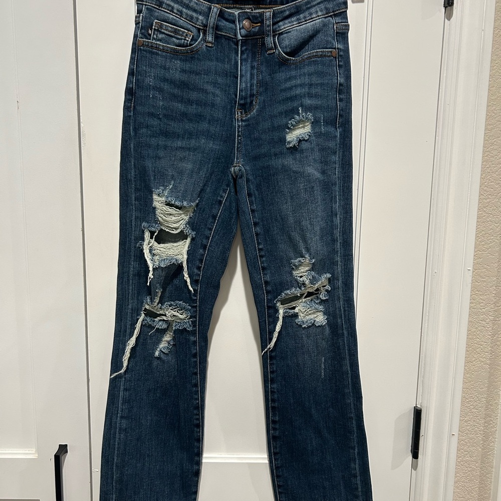 Judy Blue Ripped Straight Leg Jeans - Dark Blue